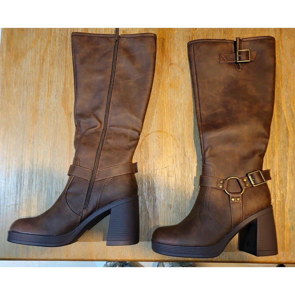 Brown Faux Suede Platform Chunky Block Heel Moto Knee High Boots NIB 6.5
